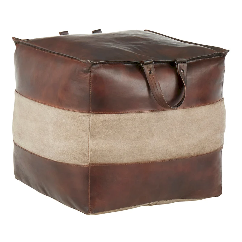 Carbon Loft Najah Industrial Pouf Ottoman in Leather and Canvas