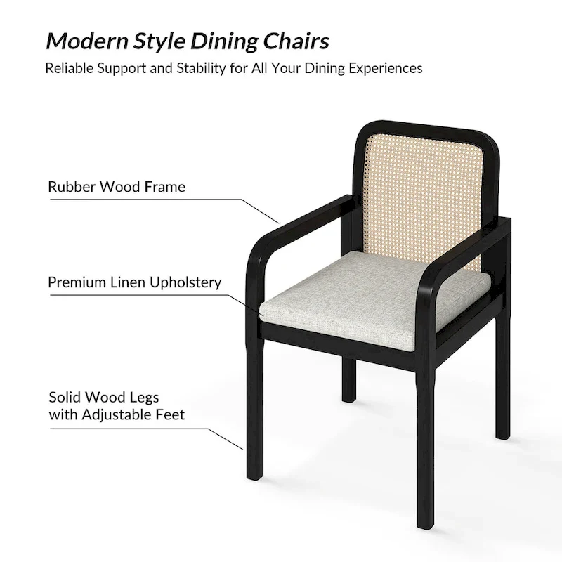 Modern Rattan Back Dining Chair with Removable Cushion - Rubber Wood Frame, Linen Upholstery