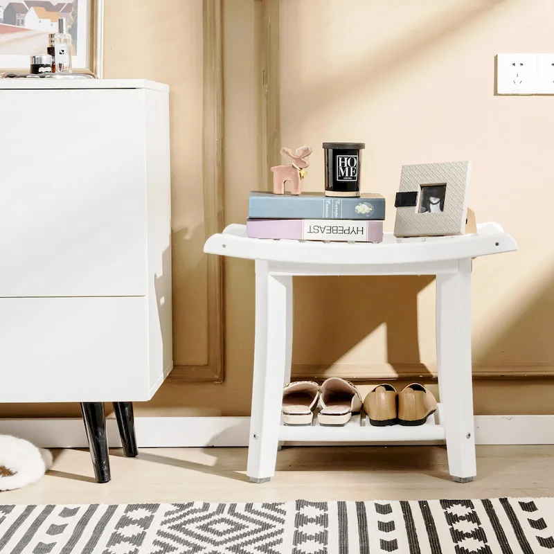 2-Tier Shower Bench with Storage Shelf – Brown / White, HDPE, Single