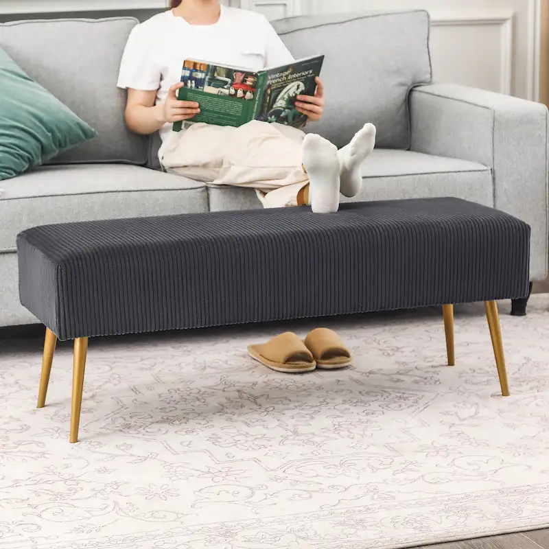 Adeco 43 Inch Velvet Bench Bed End Entryway Bench with Gold Legs