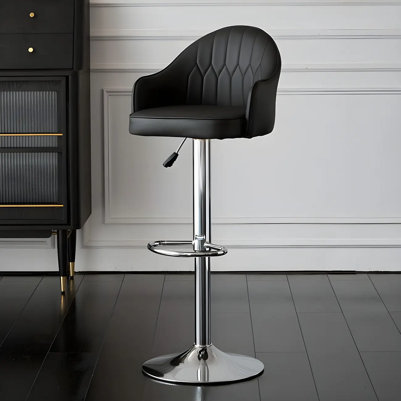 Swivel Upholstered Adjustable Height Home Armed Barstool with Metal Base