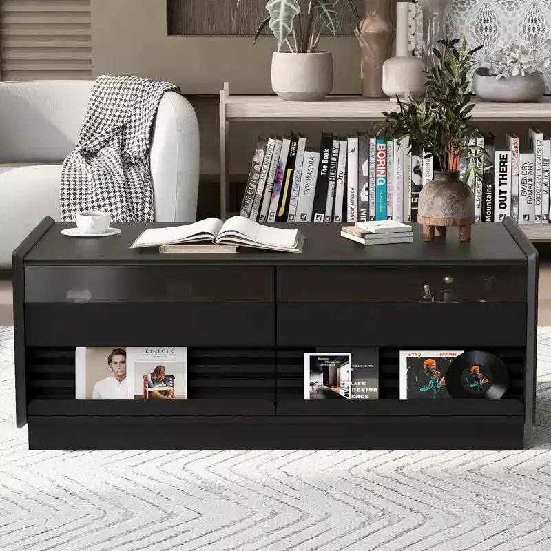 47.2 Modern Rectangle Coffee Table with 4 Drawers, 2 Display Shelves and Tempered Glass Top - Panipeachy