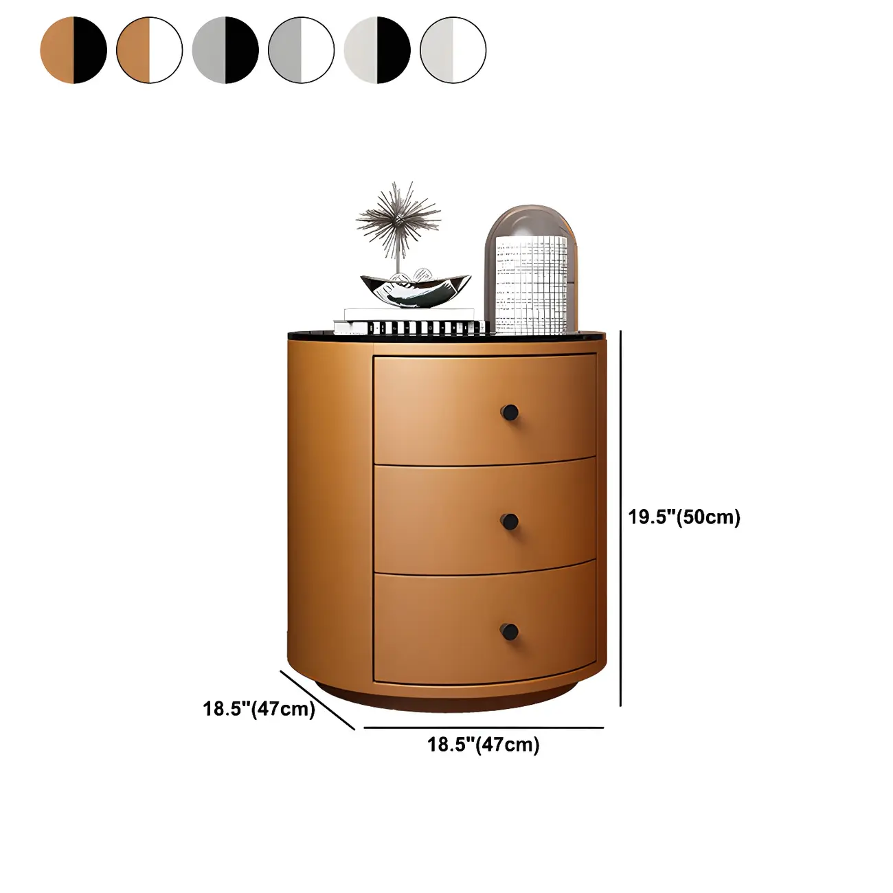 Modern Faux Leather Round Bedside Table with Two Drawers in Grey
