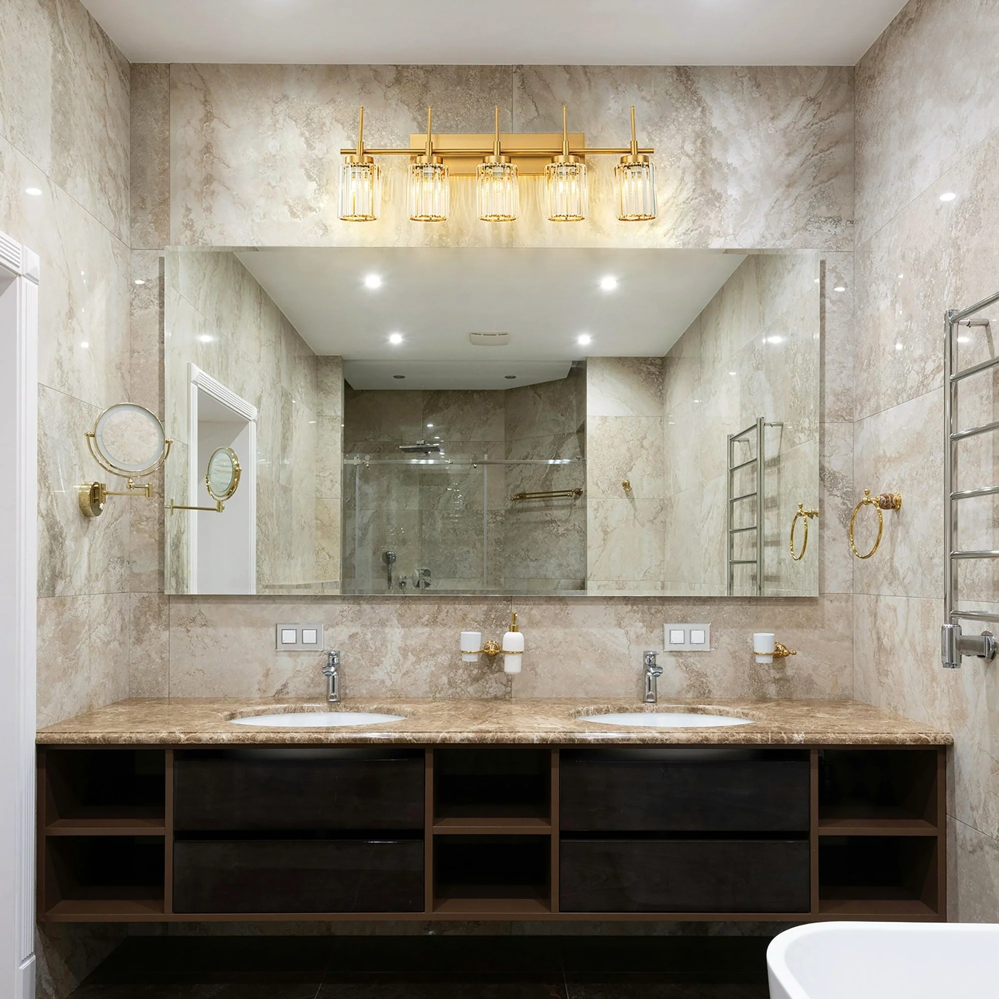 Modern Gold Dimmable Wall Light Glam Cylinder Bathroom Crystal Vanity Light Wall Sconces