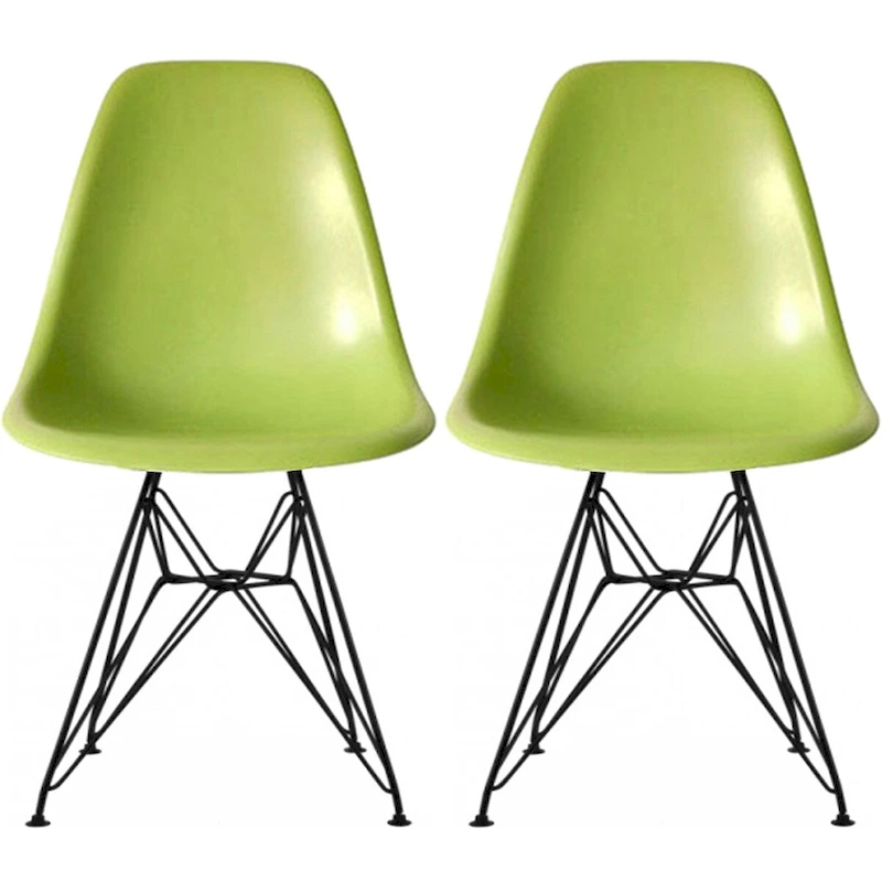 Set of 2 Mid-Century Modern Dining Side Chairs Armless Plastic Shell Seat with Black Metal Wire Eiffel Base, White