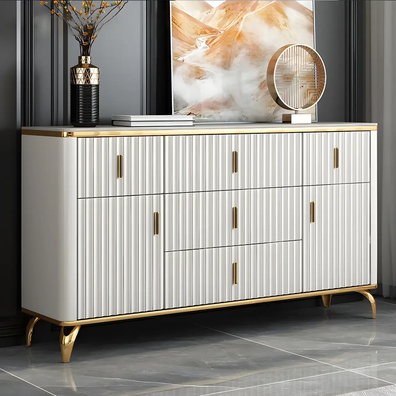 Elegant Gray Wooden Dressers & Chests with Gold Handles