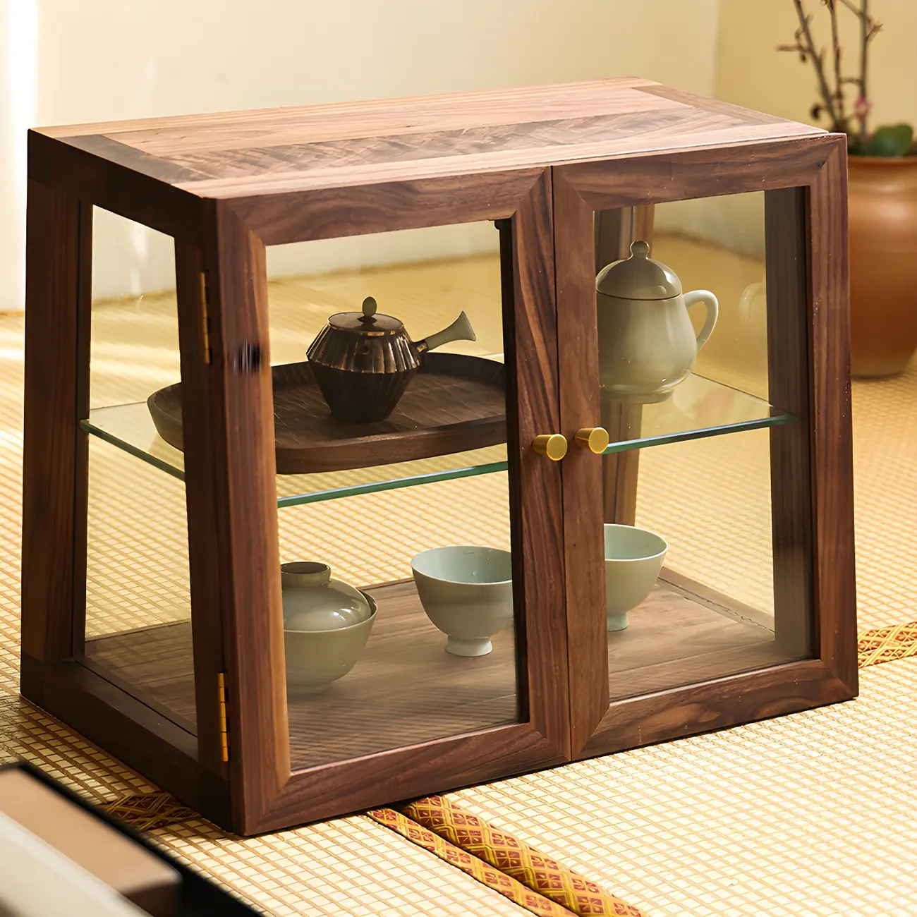 Walnut Wood Brown Glass Door Short China Cabinet