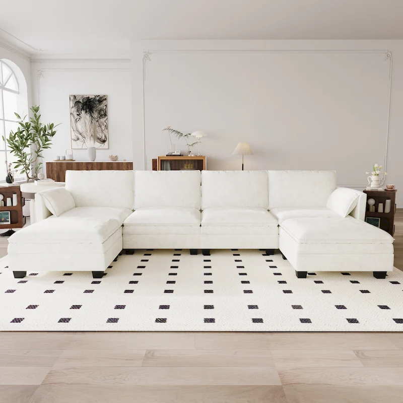 Christopher Knight Home - Noah 141.5 U-Shaped 6-Seater Sofa Couch with Movable Ottoman and Armrest Pockets, Fabric Upholstery