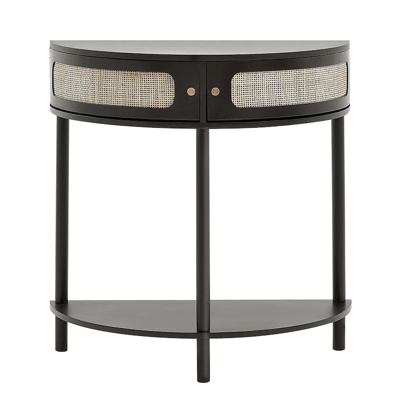 Half-Moon Rattan Console Table with Drawers & Sliding Door - 31.88 x 15.74 x 32.28 inch