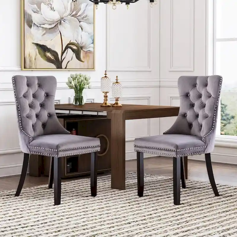 Velvet Modern Dining Chairs Set of 2, Upholstered Dining Side Chairs with Wood Legs, Nailhead Trim, Modern Dining Chairs - N/A