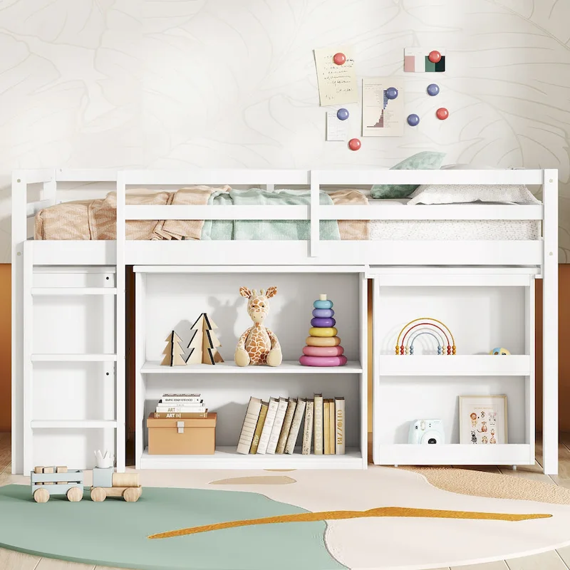 Twin Loft Bed with ,Drawer Cabinet, Shelf Cabinet and Pulling -Out Desk,Rubber Wood Loft Bed with Safety Guardrail ,Ladder,Grey