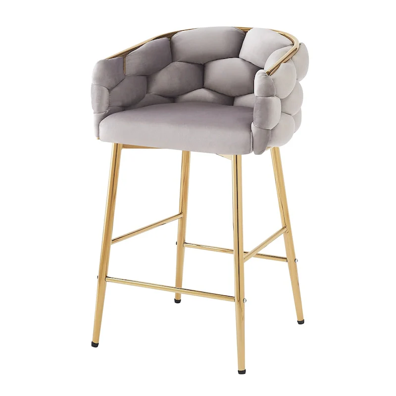 Set of 2 Bar Stools with Velvet Padded Seat and Metal Legs