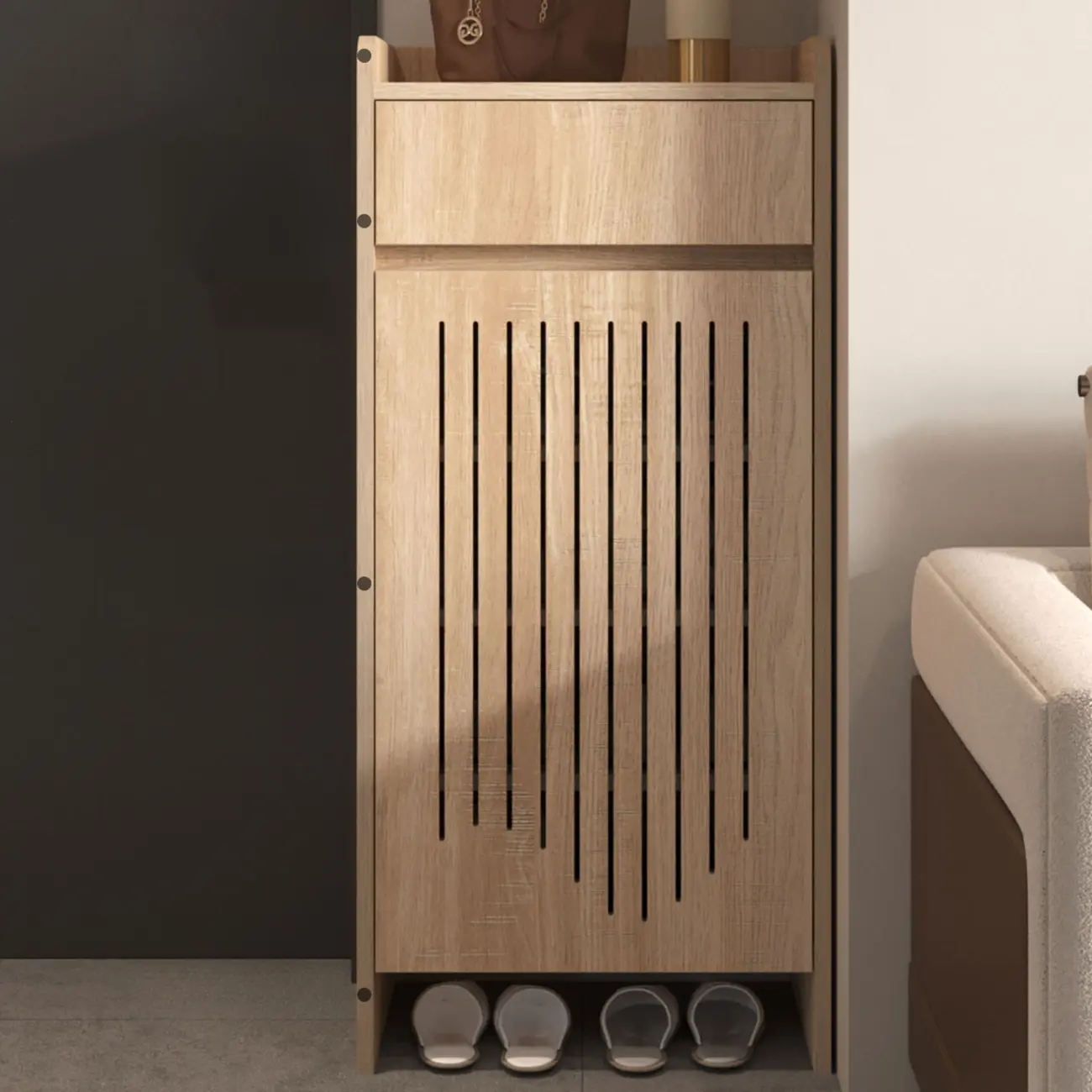 Modern Slim Wood Beige Entryway Shoe Cabinet