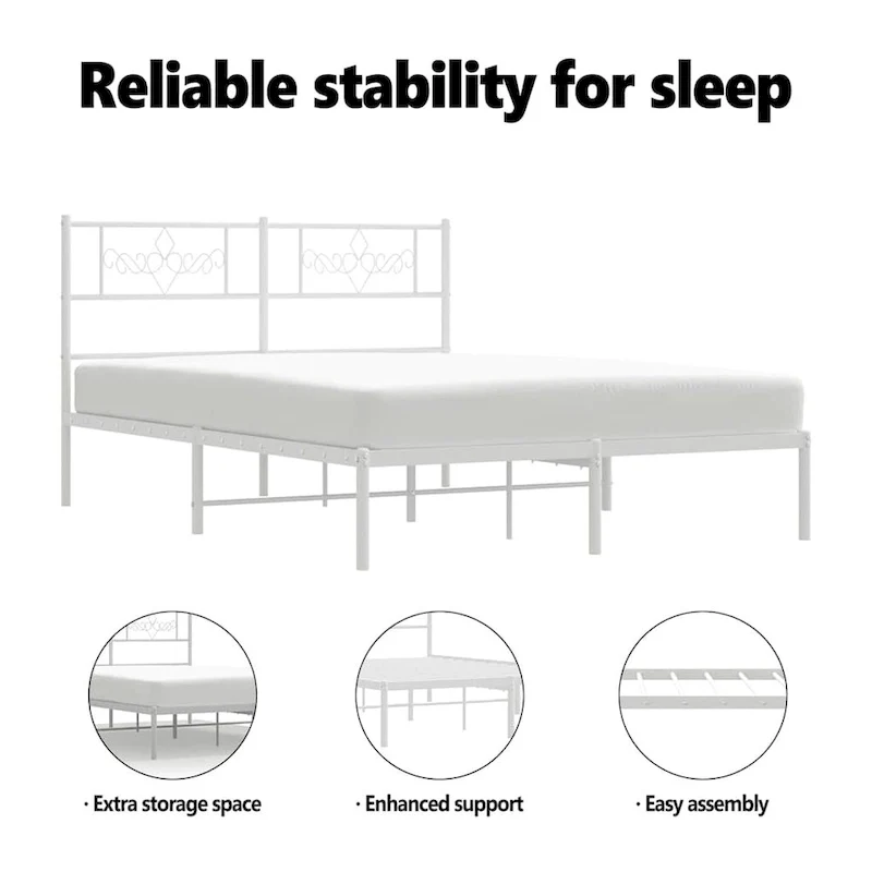 vidaXL 12 Inches White Full Size Metal Bed Frame No Mattress - 77.2 x 55.9 x 35.4
