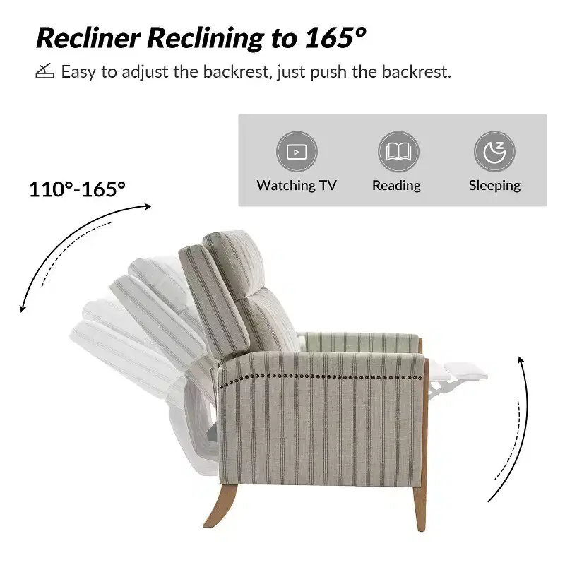 Upholstered Push Back Recliner, Set of 2 — Beige / Blue / Grey / Stripe