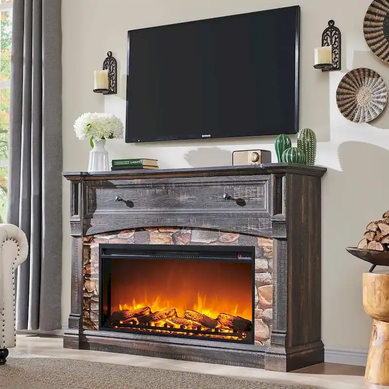 Farmhouse Fireplace TV Stand with Mantel, Tall Entertainment Center