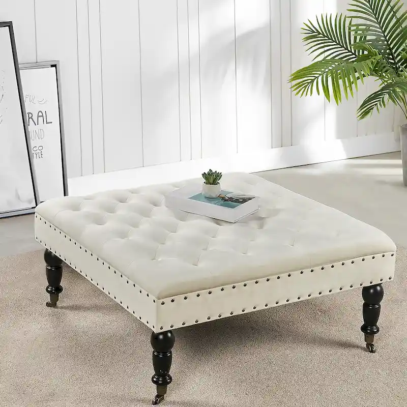 Button-Tufted Round Ottoman – 33 x 33 x 18 Inch