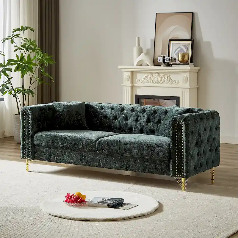 Chenille Tufted Upholstered 3-seater Sofa with Metal Legs