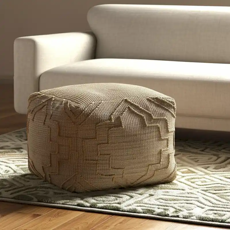 HomeRoots 18 Natural Jute Blend Cube Quatrefoil Pouf Ottoman