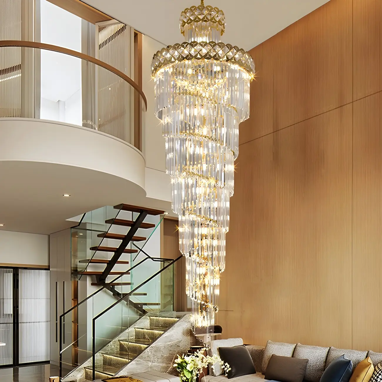 Luxurious Gold Spiral Crystal Round Tier Stairwell Chandelier