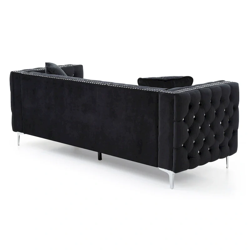 Tufted Velvet Sofa - Blue, 3-Seater, Track Arms, 2 Throw Pillows, 86W x 30H, Contemporary