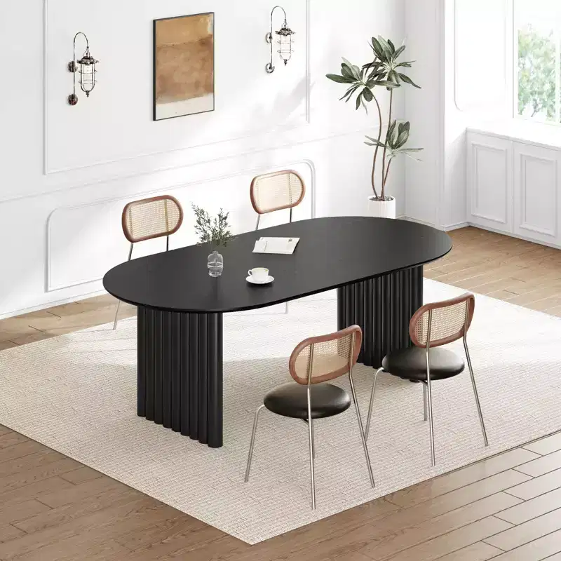 Dining Table Wood Oval Kitchen Table with Scratch-Resistant Top & Striped Legs Modern Farmhouse for Living Room Kitchen