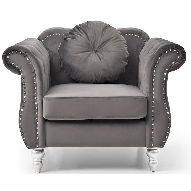 Hollywood Chesterfield Tufted Velvet Accent Chair with Round Throw Pillow - 39L x 35W x 34H