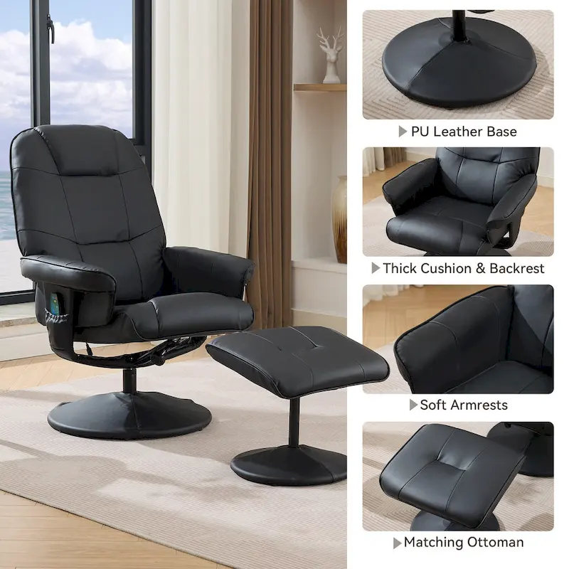 PU Leather 360 Swivel Massage Recliner Chair with Ottoman, Massage and Heated Seat, 140 Adjustable Backrest