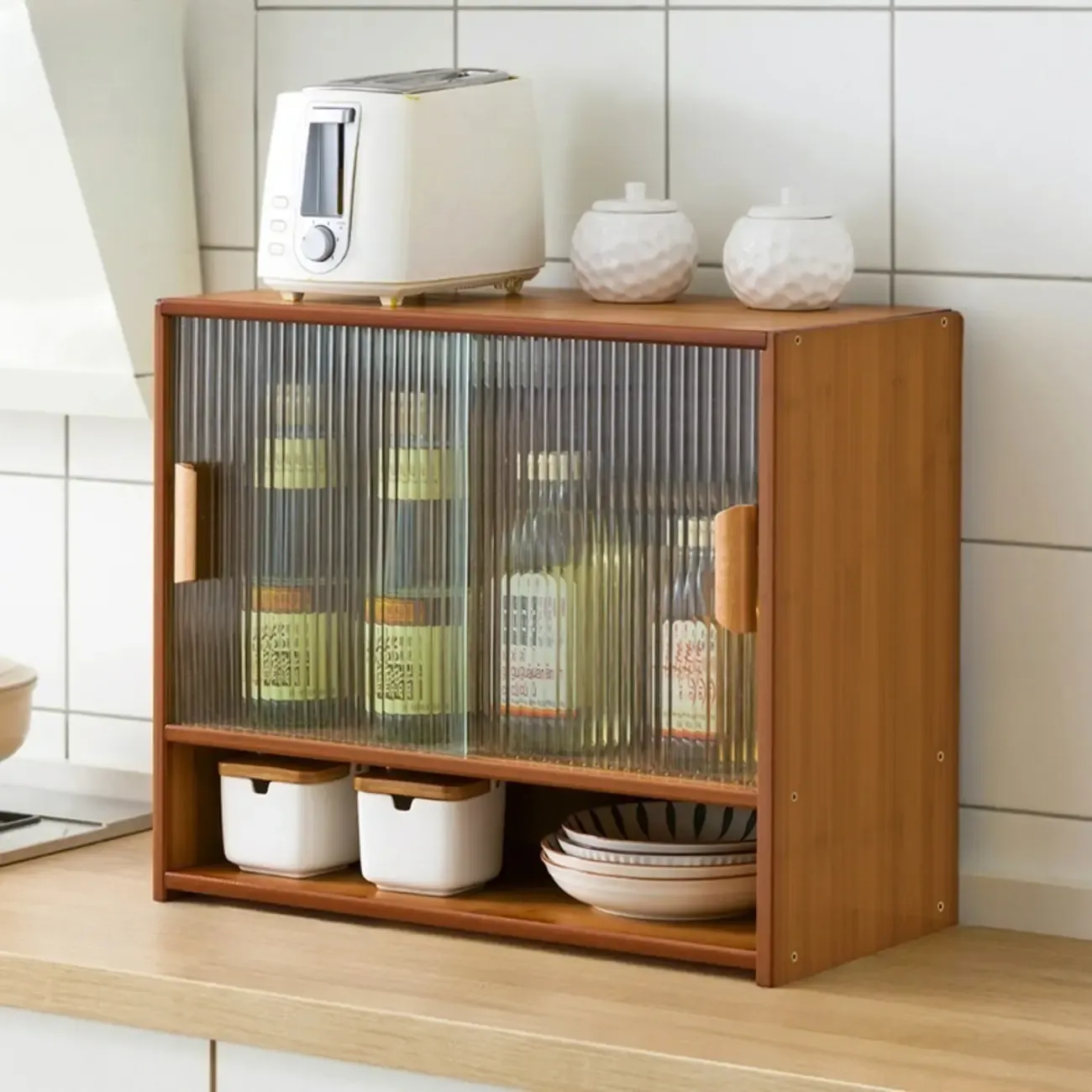 Bamboo Glass Door Display Cabinet for Kitchen