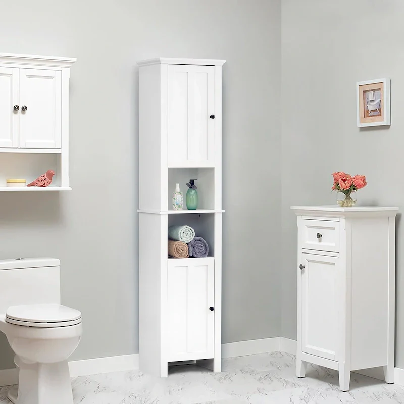 White MDF Wood 67-Inch Tall Tower Bathroom Linen Cabinet