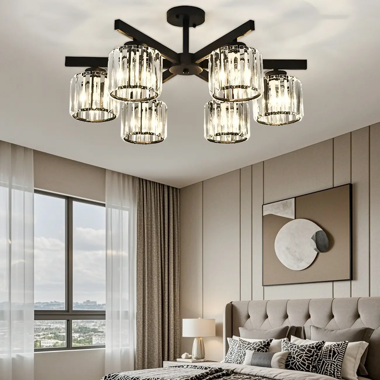 Modern Large Black Cylinder Crystal Semi Flush Ceiling Light