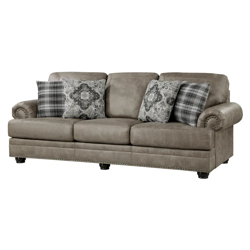 Jade 98 Inch Sofa, Taupe Brown Microfiber, 4 Pillows, Soft Cushions, Wood