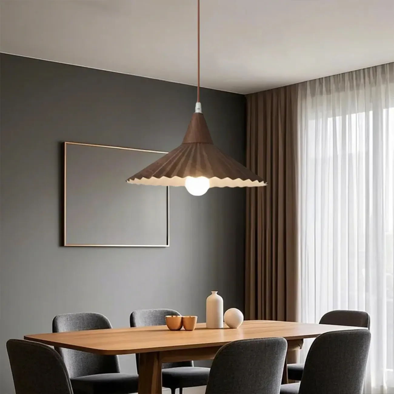 Modern Walnut Pleated Cone Pendant Light