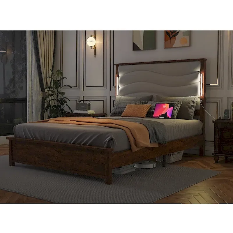 King Bed Frame with Upholstered Headboard, Charging Station, LED Lights, Wood Slats, No Box Spring Needed, Easy Assembly