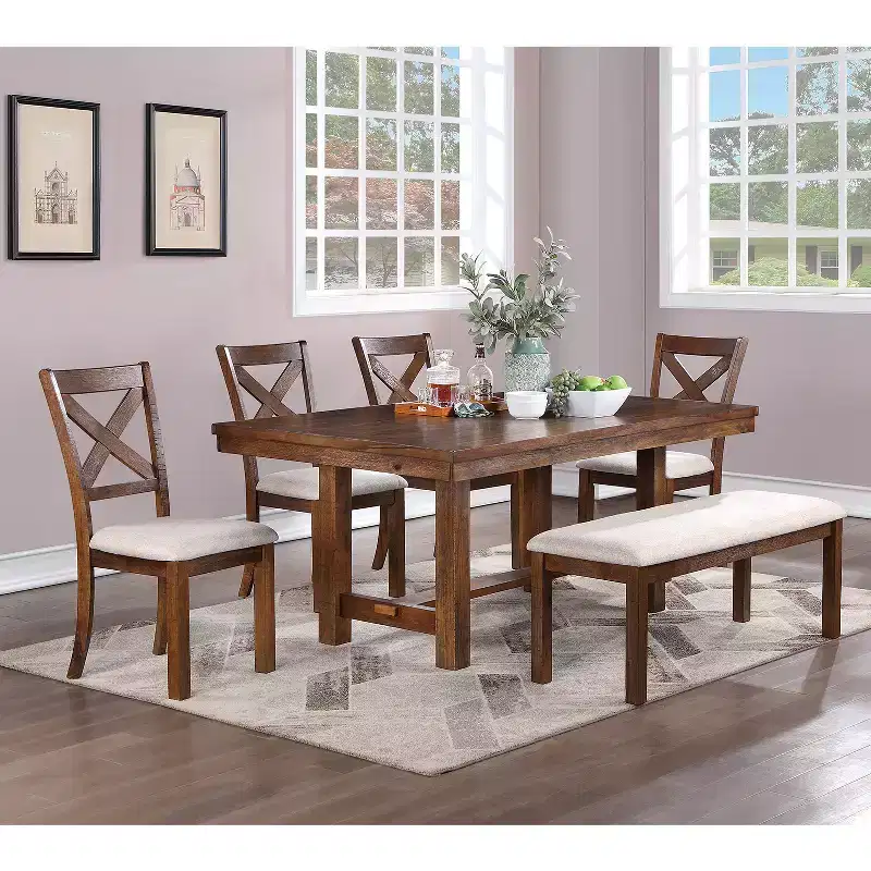 White Upholstered Rectangular Dining Bench, Walnut Wood Frame, Seats 2