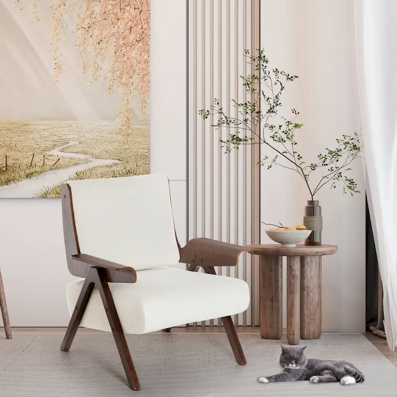 Accent Chair for Living Room, Mid Century Modern Fabric Chair with Oak Leg, Upholstered Comfy Side Chair for Balcony