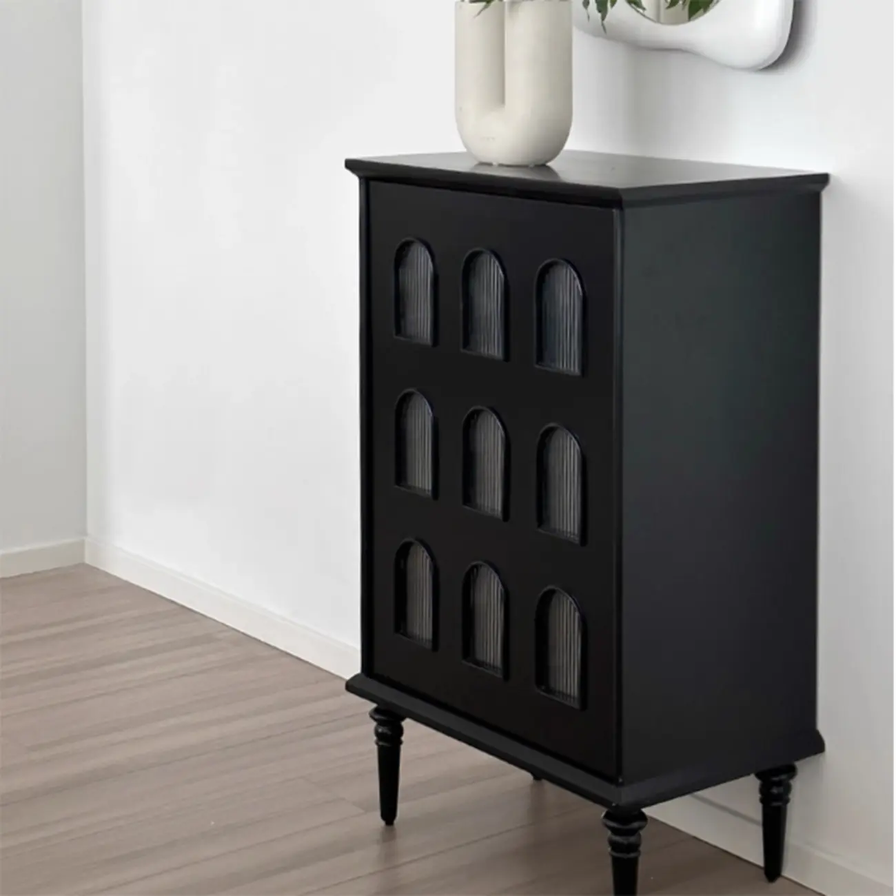 Elegant Black Wooden 9 Glass Pane Accent Storage Cabinet