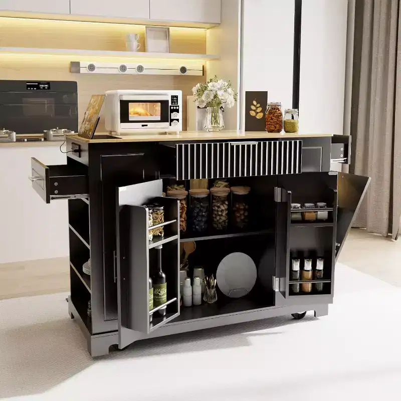 Rolling Kichen Island on Wheels with Power Outlet, Portable Kitchen Island Cart with Trash Can Storage for 10 Gallon Black