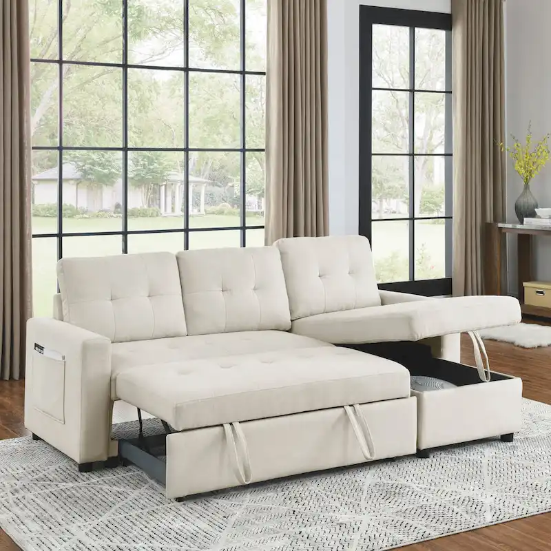 Beige 78.5 Reversible 3 Seater Sleeper Sectional Sofa with Storage Chaise, Pull-Out Bed and Side Pocket