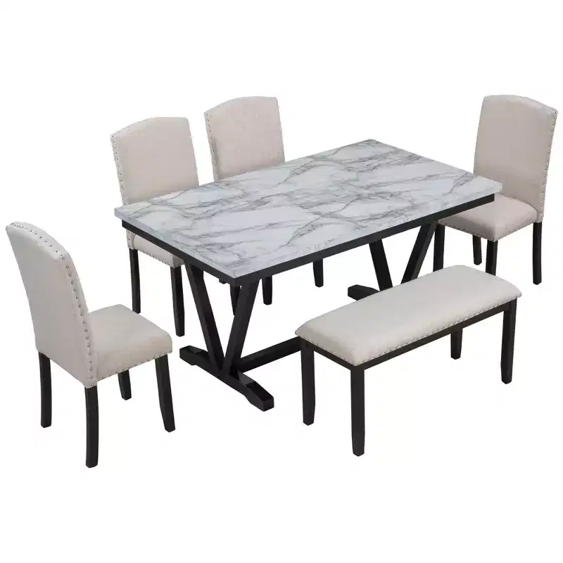 Whisen Modern Style 6-Piece Dining Table Set with 4 Chairs and 1 Bench and Teble with Marbled Veneers Tabletop - White