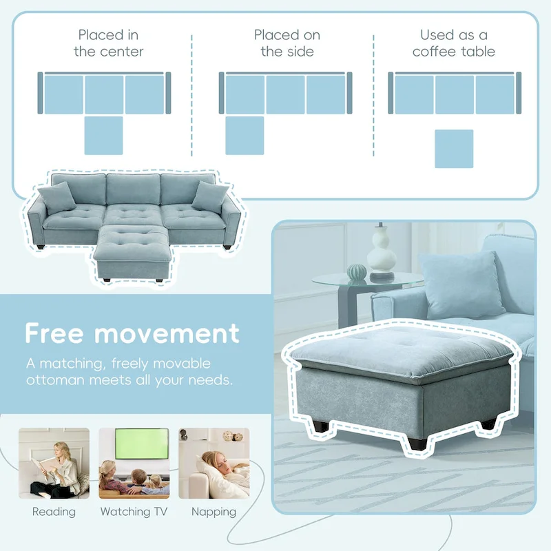100*59 Convertible Sectional Sofa,L-shaped Reversible Couch Set with Free Pillows,4 Seat Sleeper Sofa with Ottoman