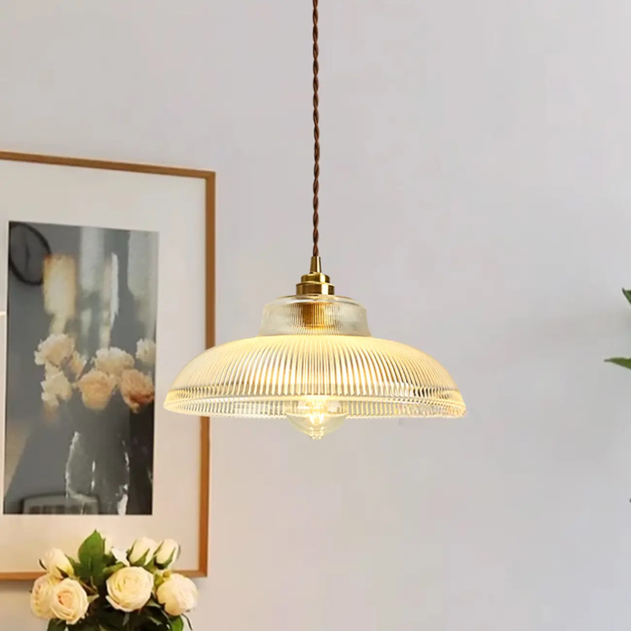 Green Fluted Glass Brass Dome Pendant Light