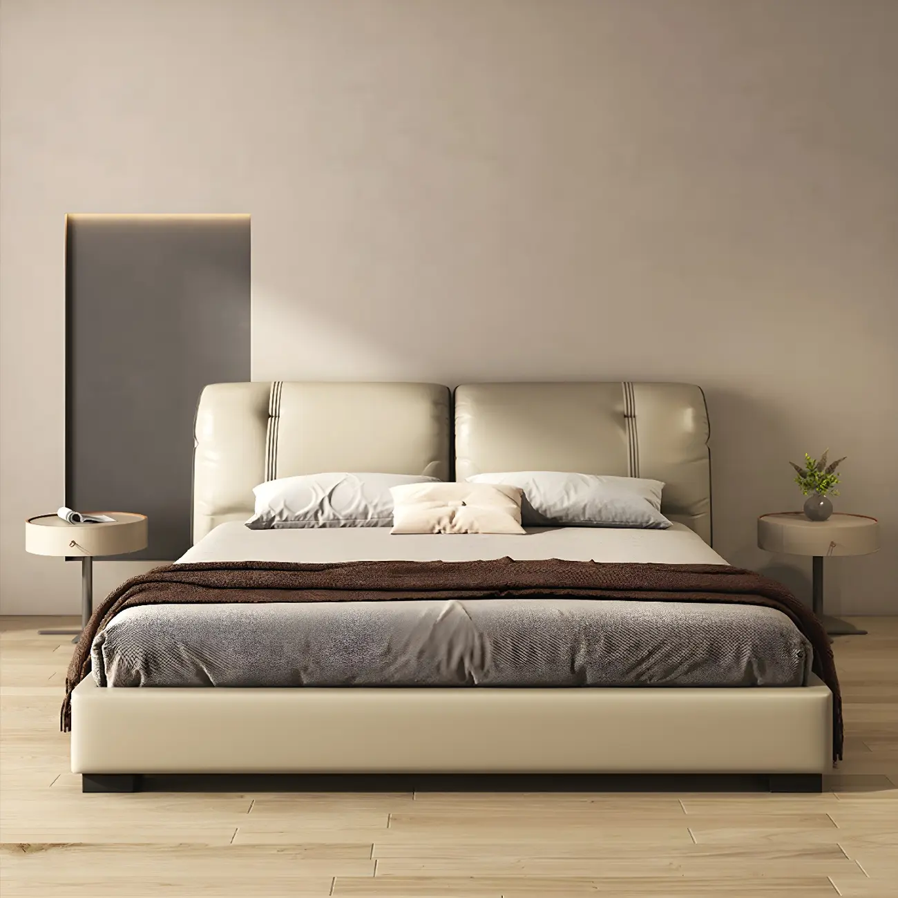 Modern Beige Faux Leather Round Metal Cross Drawer Nightstand