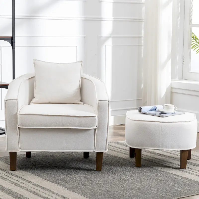 Linen/Polyester Upholstered Mid Century Barrel Chair with Ottoman