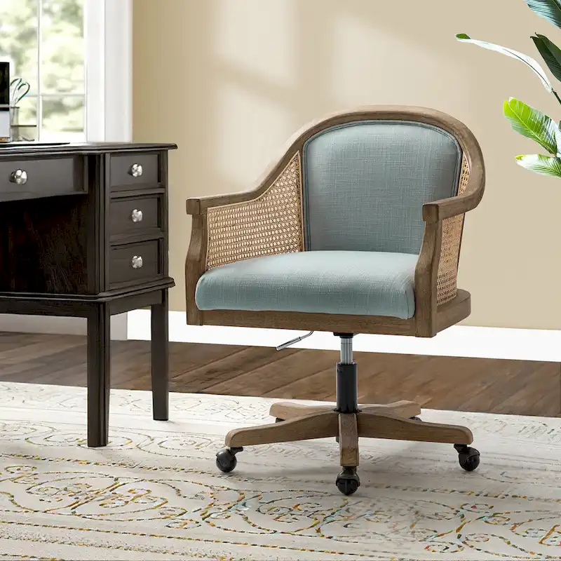Farmhouse-Style Rattan Office Chair — 360° Swivel, Adjustable Height, Rubberwood Construction