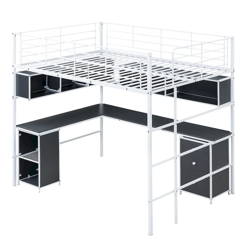 Merax Metal Loft Bed with bookcase, desk and cabinet