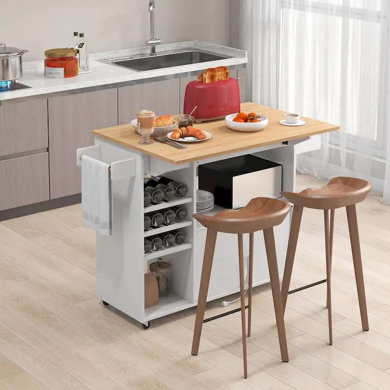 Gymax Kitchen Island Cart w/ Drop-Leaf & Power Outlet Microwave Shelf