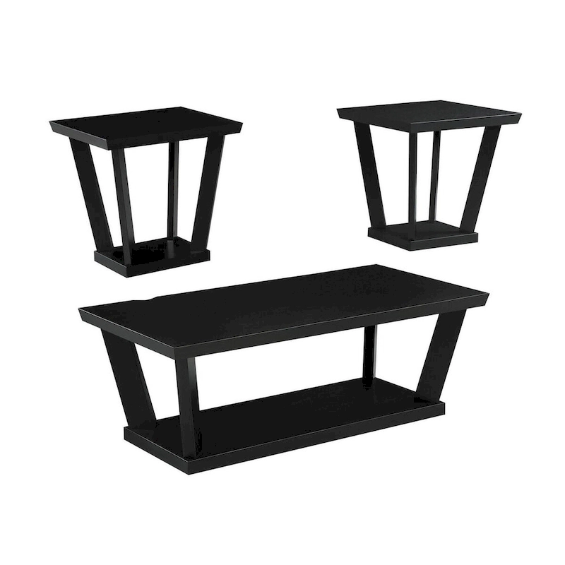 3 Piece Coffee Table Set, Angled Tapered Design, Black Rectangular Top