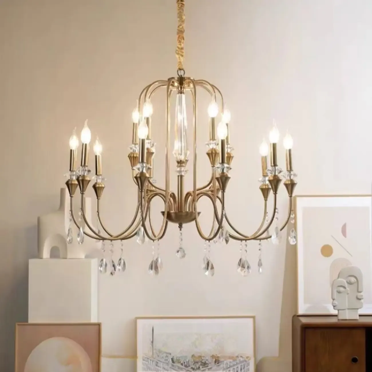 Metallic Alloy Hanging Gold Adjustable Crystal Chandelier