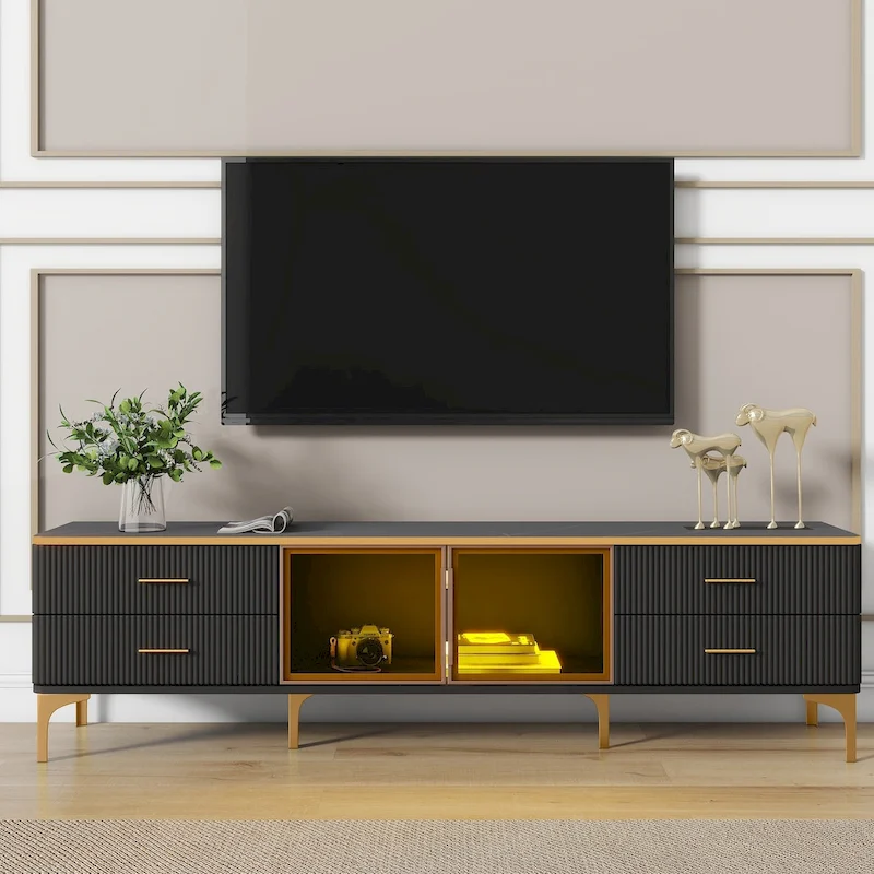 Media Console Table with Glass Storage Cabinet,Golden Legs & Handles